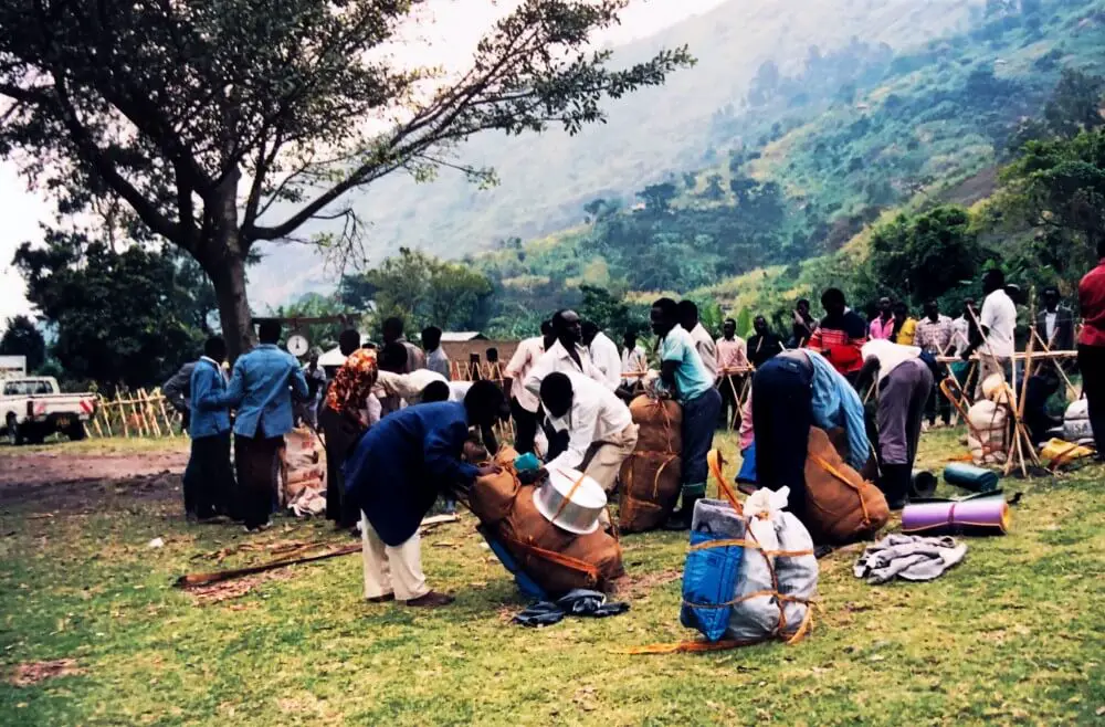 Rwenzori Mountains trekking porters packing