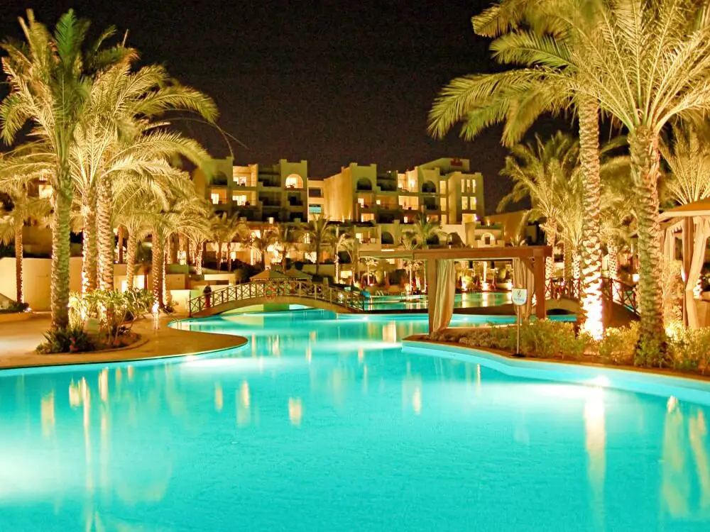 Luxury hotel at night with pool in Egypt