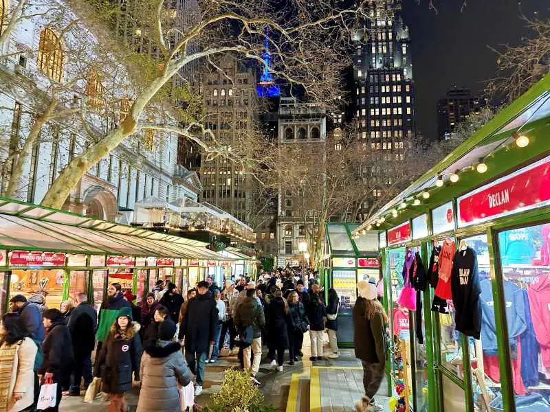 people and stalls at Bryant Park holiday market NYC