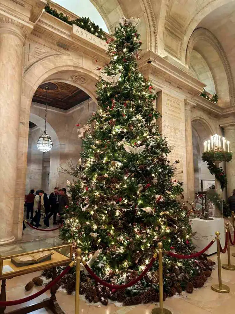 tree inside decorated with birds and arch behind